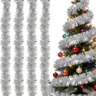 4X Lametta Girlande Silber (Je 2m) – Dichte Weihnachtsbaum Girlande für Winterzauber-Optik | Funkelnde Christbaum G-irlande als Weihnachtsbaumschmuck, 9cm Breit & Wiederverwendbar