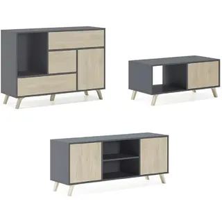 Skraut Home – Sideboard+TV-Schrank+Couchtisch-Set für Wohnzimmer – Windmodell – Esszimmer-Set – Widerstandsfähige Struktur – Einfache Montage – Grau/Puccini-Finish