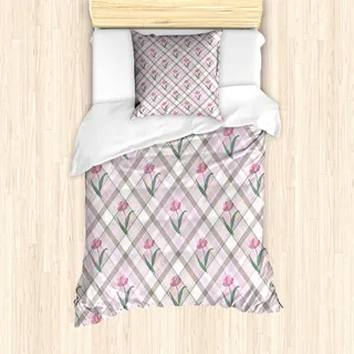 ABAKUHAUS Kariert Mantele, Diagonale Linien Floral, Milbensicher Allergiker geeignet mit Kissenbezügen, 135 cm x 200 cm - 80 x 80 cm, Mauve Rosa Forest Green - Rosa