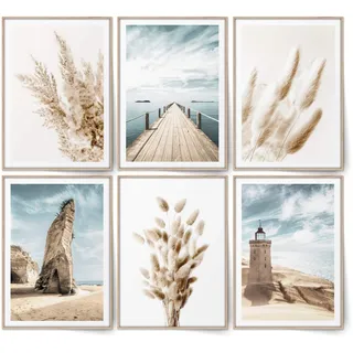 BLCKART Beige Love Beach Poster Set – Pampasgras & Strand Wandbilder in Beige für Wohnzimmer & Schlafzimmer (6x A3 | 29,7 x 42 cm | ohne Rahmen)
