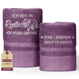 Giftota Renteneintritt Geschenk Frau - 2 teilig Handtuch Set 100% Baumwolle Bestickt Handtücher Lila, Rentner Geschenk Frau - Badehandtuch 50 x 100 cm + Handtuch 35 x 75 cm