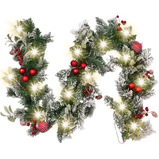 Valery Madelyn Weihnachtsgirlande 183cm mit 20 LED Beleuchtet batteriebetrieben Tannengirlande aus PVC mit Timerfunktion Weihnahctskugeln Girlande für Weihnachtsdeko Grün Rot