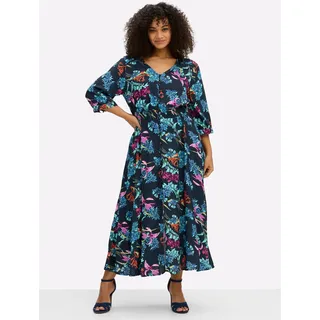 Sommerkleid SHEEGO BY JOE BROWNS "Kleid", Damen, Gr. 48, Normalgrößen, bunt (tiefblau, türkis, gemustert), 100% Viskose, geblümt, gemustert, mehrfarbig, wadenlang, Rundhals, Kleider Sommerkleid