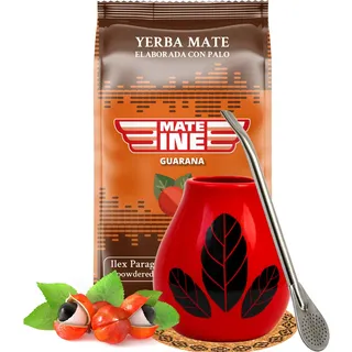 Yerba Mate-Tee Set ●Paraguayische Yerba Mate Mateine Guarana 500g● Keramik mate-tee tasse Hoja Red 350ml● Edelstahl trinkhalm Bombilla 19cm● Yerba-Mate-Tee-Strohhalm●Korkpad● Mate-Trinkgefäß