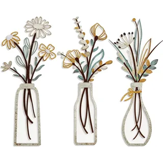 YOKJGHDO 3er Set Wanddeko Wohnzimmer Metall Blumen, 35x15 cm Moderne Wanddekoration für Küche, Schlafzimmer, Flur, Esszimmer, Arbeitszimmer, Stilvolle Wanddeko Metall für Ihr Zuhause