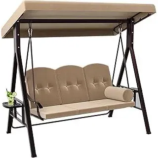 3-Sitzer Hollywoodschaukel, Gartenschaukel mit Liegefunktion mit Verstellbarem Baldachin und Abnehmbarem Kissen, Gartenschaukel für Erwachsene im Garten, Pool, Balkon, Khaki
