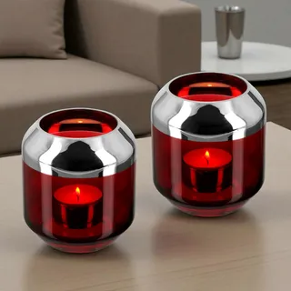 FINK Teelichthalter Set 2-teiliges Kerzenglas Geschenkset Minivasen kleine Windlichter aus Glas - Kleiner Advent Leuchter Rot Weihnachtsdeko Weihnachten Geschenk für Frauen - 9 x 9 x 9 cm