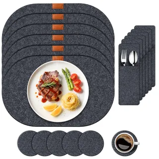 vonsera Platzsets Filz Abwaschbar, Hitzebeständige Tischsets und Untersetzer, 6 Waschbare Tischmattes, 6-rutschfeste Filzuntersetzer und 6-Besteckhüllen, Schützen Sie Ihren Küchen (Platzset Filz-Oval)