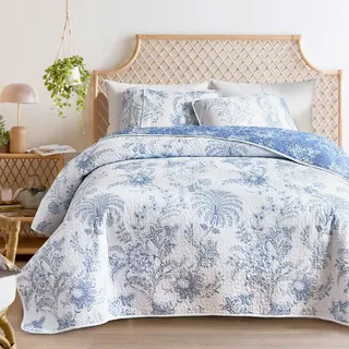 Flysheep Botanisches Bettwäsche-Set für Doppelbett, 2-teilig, weiß-blau, mit Blumenmuster, wendbar, weiche Mikrofaser, leichte Tagesdecke/Bettdecke für alle Jahreszeiten, 233,7 x 228,6 cm