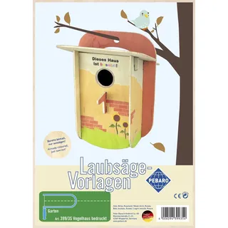 Peter Bausch GmbH & Co. KG Pebaro 399/3S Laubsägevorlage Vogelhaus bunt bedruckt, 3mm Sperrholz DIN A 4, Motiv farbig vorgedruckt, aussägen mit Laubsägebogen, basteln, fertig, Laubsägen, Holz, Geschenkidee, Nistkasten, Garten