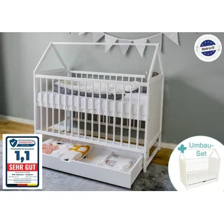 Kids Collective Babybett mit Schublade Gitterbett Kinderbett Hausbett 60x120 cm weiß höhenverstellbar und umbaubar Beistellbett 60 x 120 - Weiß