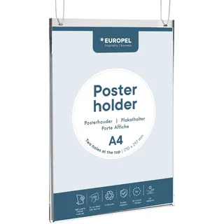 Europel 350010 Plakathalter, Posterhalter für DIN A4, Acryl glasklar, hoch, mit 2 Bohrungen