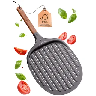 LIKAYA Pizzaschieber [32 x 32 x 62cm] Pizzaschaufel aus schwarzem Aluminium & Griff aus FSC-Akazienholz – Kein Ankleben dank Antihaftbeschichtung – für Pizzaofen & Pizzastein