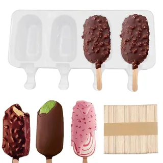 Eisformen Silikon,Eis am Stiel Formen,Silikon-Eisformen, 50 Stück Eisstiele aus Holz,Silikons-Eisformens mit Stielens,Popsicle Molds Set,Geeignet für DIY-Popsicles,Desserts,Pralinen