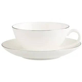 Tasse VILLEROY & BOCH "Teetasse mit Untertasse Anmut Platinum No.1 140 ml weiß", weiß, Porzellan, Trinkgefäße, Tasse