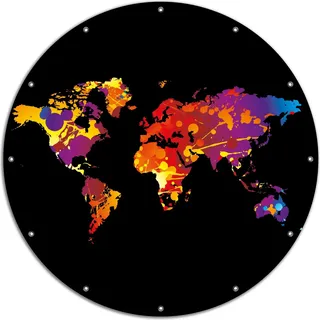 Wallario rundes Outdoor-Poster für Garten oder Balkon, Motiv Weltkarte aus bunten Farbspritzern, 120 cm Durchmesser - Schwarz