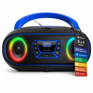 Denver TDB-212BU | Blue - DAB+ Boombox Mit DAB+/FM-Radio TDB-212,Blue Retro-Design, Bluetooth, USB, CD-Player, AUX-Anschluss