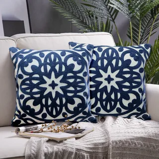 Alysheer Embroidered Decorative Throw Pillow Covers 18"x18" Set of 2 Pieces, Classic Boho Mandala Knit Pattern, Durable 100% Cotton Canvas Cozy Cushion Cases for Sofa Couch Living Room (Navy Blue)