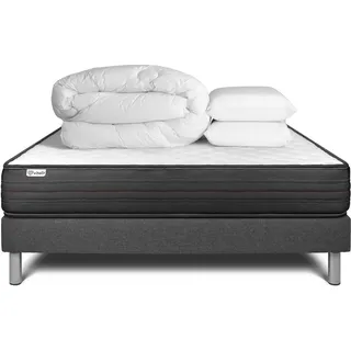 Komplettpaket Bett - Matratze 200x200 cm + Boxspringbett mit Lattenrost (im Set) + 2 Kopfkissen + Bettdecke - Vitalpower - Grau