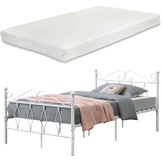 [en.casa] Metallbett Apolda 120x200 cm mit Matratze Weiß - Weiß