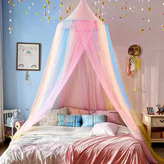 Comtelek Betthimmel Mädchen, Moskitonetz Bett für Doppelbett Einzelbett Regenbogen Betthimmel Mückennetz Feinmaschiges als Moskitoschutz, Himmelbett Vorhänge für Kinderbett Babybett Indoor Outdoor