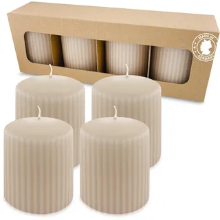 Stumpenkerzen 4er Set mit Rillen, Sahara Beige Weiß, Adventskerzen, Unparfümiert, 90x70mm, Für Advent Weihnachten, Deko & Hochzeit, Brenndauer bis zu 156h, Made in Germany