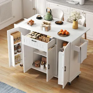 MODFU Küchenwagen mit 4 Türen und 1 Schublade,Kücheninsel auf Rollen mit integrierten Gewürzregalen in den Türen,Sideboard mit klappbarer Arbeitsplatte,weiß - Weiß