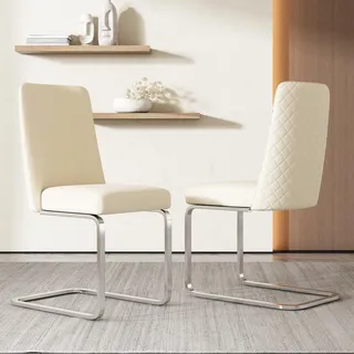 Flieks Freischwinger 2er Set, Esszimmerstühle mit Silberen Metallbeinen, Schwingstuhl Polsterstühle mit Samtbezug, Küchenstühle Wohnzimmerstuhl, Beige - Beige