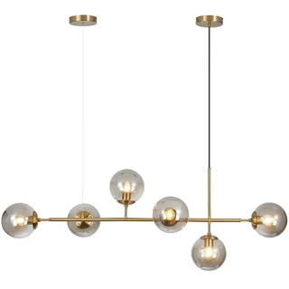 KCO Lighting Wohnzimmer-Pendelleuchte mit 6 rauchgrauen Glaskugeln, moderner, höhenverstellbarer Messing-Kronleuchter, 120 cm Höhe für Kücheninsel, Esszimmer, Restaurant