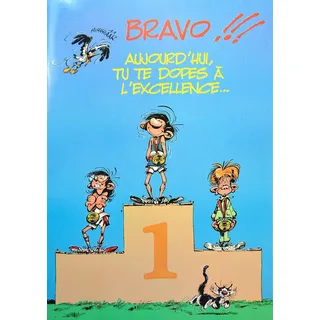 Gaston Lagaffe glmg-5001 Riesige Geschenkkarte Jubiläumskarte – EXTRA GROSSE KARTE Herzlichen Glückwunsch Maxi groß A3 mit Umschlag illustriert Bravo Champion Sport Medaille Schnitt Erfolg Excellence