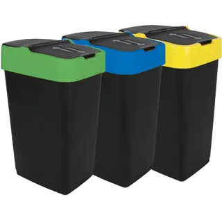 Abfalleimer mit Schwingdeckel - 3er Set - 60 Liter - jede Farbe 1x - Mülleimer Abfallbehälter Müllsammler - Schwarz, Grün, Gelb, Blau