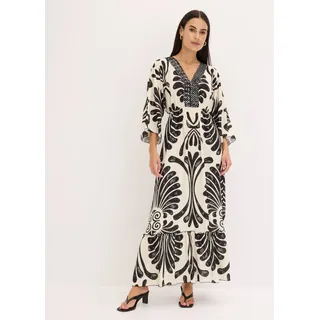 Maxikleid BONPRIX, Damen, Gr. 50, N-Gr, schwarz, wollweiß bedruckt, Obermaterial: 100% Viskose, oversize, Kleider Maxikleid, für Frühling und Sommer, aus Viskose, Oversize Passform, mit Druck