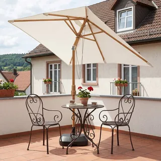 Sekey Rechteckiger Sonnenschirm 200x150 cm Holzoptik, Knickbar, UV-Schutz 50+, Gartenschirm für Balkon und Terrasse, Creme - Weiß