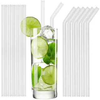 T&N Glas Strohhalm 12er Set - 15/20/23 cm Länge - Trinkhalme Glas + 2 Bürsten - Strohhalm wiederverwendbar Glas - umweltfreundlich BPA frei – Smoothie Cocktail-Strohhalme Glasstrohalme