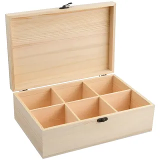 Catime Holzbox 30x20x10 cm, Holzkiste mit Deckel und Metallverschluss, Teebeutel Organizer mit 6 Abnehmbaren Fächern, Schmuckbox Schatztruhe Holz, Geschenkbox Groß für Haus Küche Büro Tischdekoration