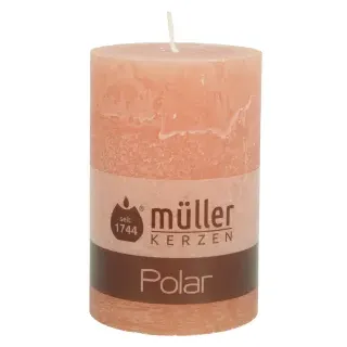 Müller Kerzen Polar Stumpenkerzen, 78 x 120 mm, Raureif-Effekt, Rustikale Indoorkerzen, leicht transparent und brennen ca. 60 Stunden, 1 Packung = 4 Stück, Farbe: zart orange