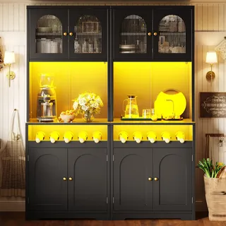 Flieks 180cm Hochschrank 2er Set mit App-RGB-LED, gewölbte Glastüren, Weinregal, Küchenschränke 2er Set, Sideboard 2er Set, Schwarz - Schwarz
