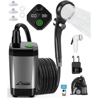 WADEO Tragbare Campingdusche Akku mit Pumpe, Camping Dusche mit wiederaufladbarem 6000-mAh-Akku, Mobile Duschen mit Duschkopf, für Camping Reisen Garten Wandern Autowaschen (Silbergrau, Typ C)