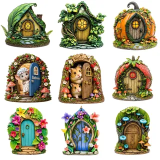 Orsefeliy 9 Stücke Feentür für Feengarten, Bunte Wichteltür Garten Dekoration mit 3mm Holz und Klebepads, Miniatur Feentüren mit Tiermotive, Magische Elfen Türen für DIY Garten, Yard und Kinderzimmer