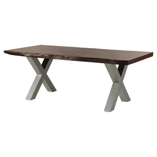 MASSIVMOEBEL24.DE Baumtisch Akazie 220x100x77 braun lackiert / X-Beine silber matt FREEFORM 5 - Braun