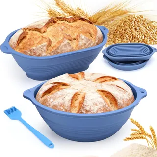YICH Brot Gärkorb Set: 29cm Gärkörbchen Oval + 23cm Gärkörbchen Rund + Ölpinsel, Faltbarer,mit Aufhängeloch,Verbesserte Stabilität,Brotform Silikon Brotbackform Rund and Oval