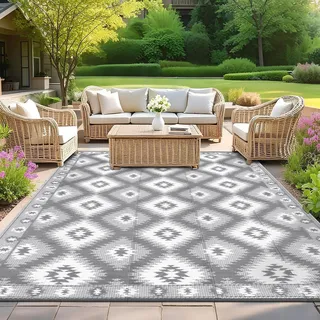 SHACOS Outdoor Teppich Wetterfest 180x270 cm, Wendbarer Balkon Camping Teppich, Kunststoff Stroh Terrasse Matte UV-beständig Picknickdecke für Patio Garten Picknick BBQ, Grau
