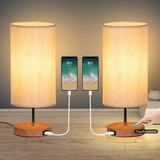 GLUROO 2er-Set Tischlampe mit Touch-Steuerung, 3 Farbtemperaturen und Stufenlose Helligkeit, USB-Ladeanschlüsse, Nachttischlampen E27 Glühbirnen*2 für Wohnzimmer Studentenwohnheim Büro Mehrfarbig