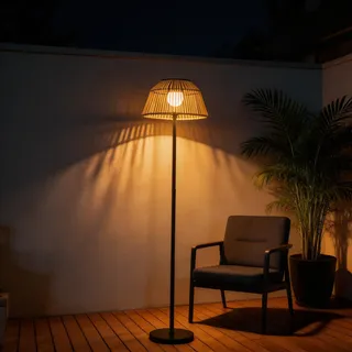 DJGIFI Boho Windlicht Outdoor Dekor,Solar Rattan Stehlampe mit Gewebeschirm - Einfache Werkzeuglose Montage - Für Balkon, Terrasse, Garten, Deko