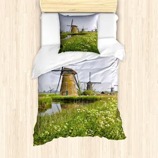 ABAKUHAUS Windmühle Mantele, Frühling im Land, Milbensicher Allergiker geeignet mit Kissenbezügen, 135 cm x 200 cm - 80 x 80 cm, Pale Kaffee Blassblau