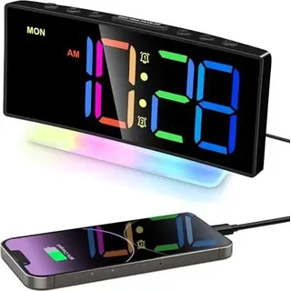 LaFocuse Buntes digitaler Wecker 8 RGB LED -Display und 7 Nachtlicht, laute Kinder 2 Alarme, Snooze, Helligkeitsvolumen, einstellbar, Tisch