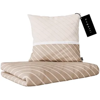 bugatti Bettwäsche 135 x 200 cm - 100% Baumwolle, Reißverschluss, anschmiegsam, weich & waschbar, Mako Satinbettwäsche gestreift beige