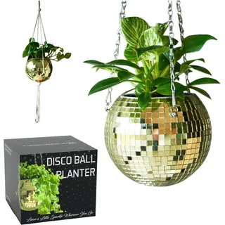 Discokugel Blumentopf mit Kette, Makramee & Innentopf | Gold 15 cm