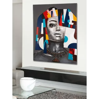 GILDE Deko großes Bild Wandbild Wohnzimmer groß - Leinwandbild Frauenmotiv - rechteckiges Frauenbild auf Lein Wand 3D Optik - grau bunt 90 x 120 cm