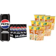 Pepsi Zero Zucker, Das zuckerfreie Erfrischungsgetränk ohne Kalorien, Koffeinhaltige Cola in der Dose,EINWEG Dose (24 x 0,33 l) Knorr Taste the World Pasta Snack Mac & Cheese Jalapeño Mahlzeit 8x 62 g